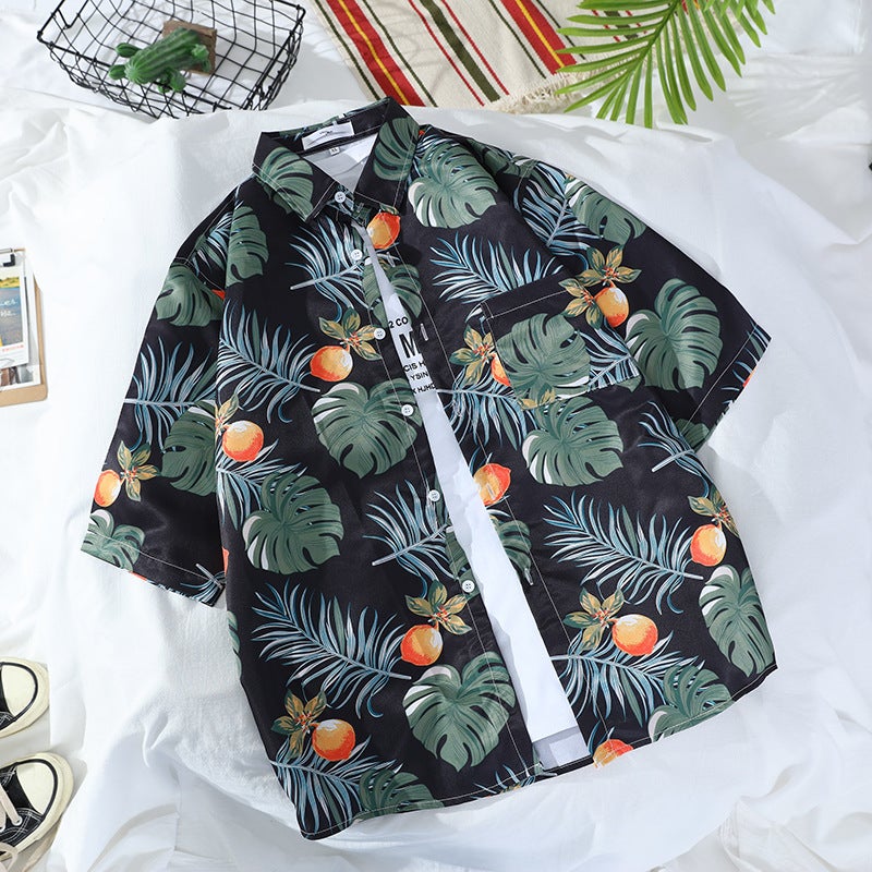 Floral Shirts For Men And Women, Short-Sleeved Retro Korean Style Handsome Printed Hong Kong Style Seaside Trendy Hawaiian Beach Shirts - Image 1