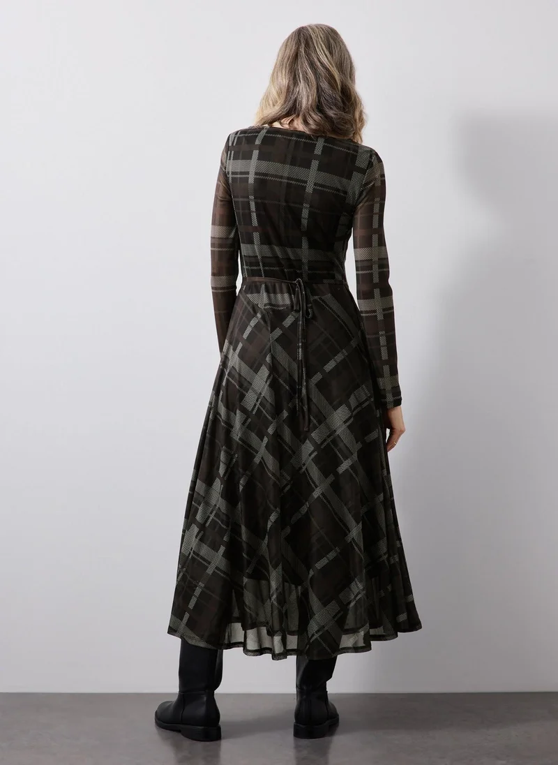Matalan Brown Check Mesh Midi Dress