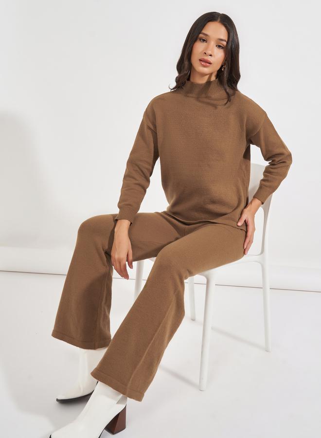 Styli High Neck Flat Knit Sweater & Flared Pants Co-Ords  - Image 1
