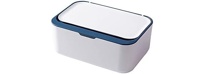 HEBEZON Tissue Box Holder Wipes Dispenser, Dustproof Tissue Storage Box Case Wet Wipes Dispenser Holder with Lid for Home Office Desk (White with Dark Blue) - Image 1
