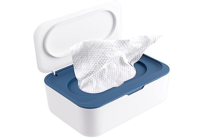 HEBEZON Tissue Box Holder Wipes Dispenser, Dustproof Tissue Storage Box Case Wet Wipes Dispenser Holder with Lid for Home Office Desk (White with Dark Blue) - Image 2