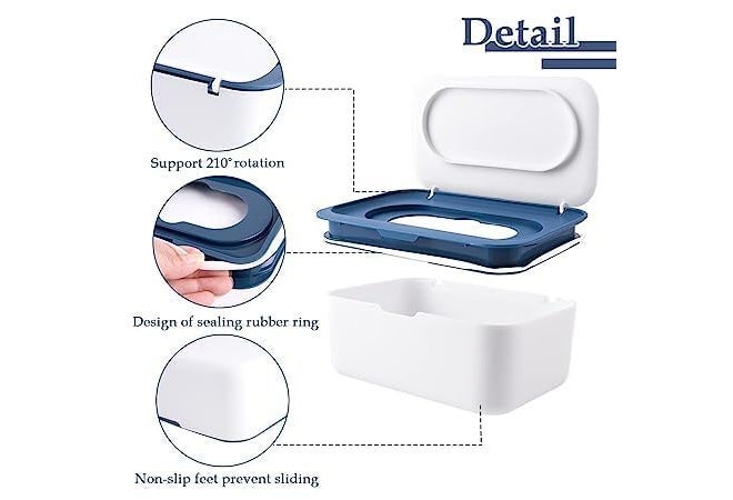 HEBEZON Tissue Box Holder Wipes Dispenser, Dustproof Tissue Storage Box Case Wet Wipes Dispenser Holder with Lid for Home Office Desk (White with Dark Blue) - Image 4