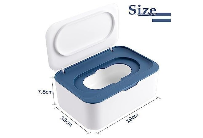 HEBEZON Tissue Box Holder Wipes Dispenser, Dustproof Tissue Storage Box Case Wet Wipes Dispenser Holder with Lid for Home Office Desk (White with Dark Blue) - Image 5