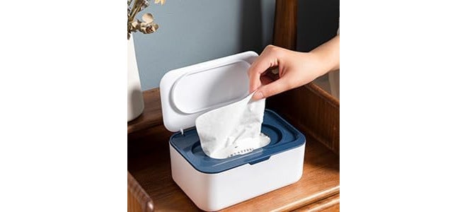 HEBEZON Tissue Box Holder Wipes Dispenser, Dustproof Tissue Storage Box Case Wet Wipes Dispenser Holder with Lid for Home Office Desk (White with Dark Blue) - Image 3