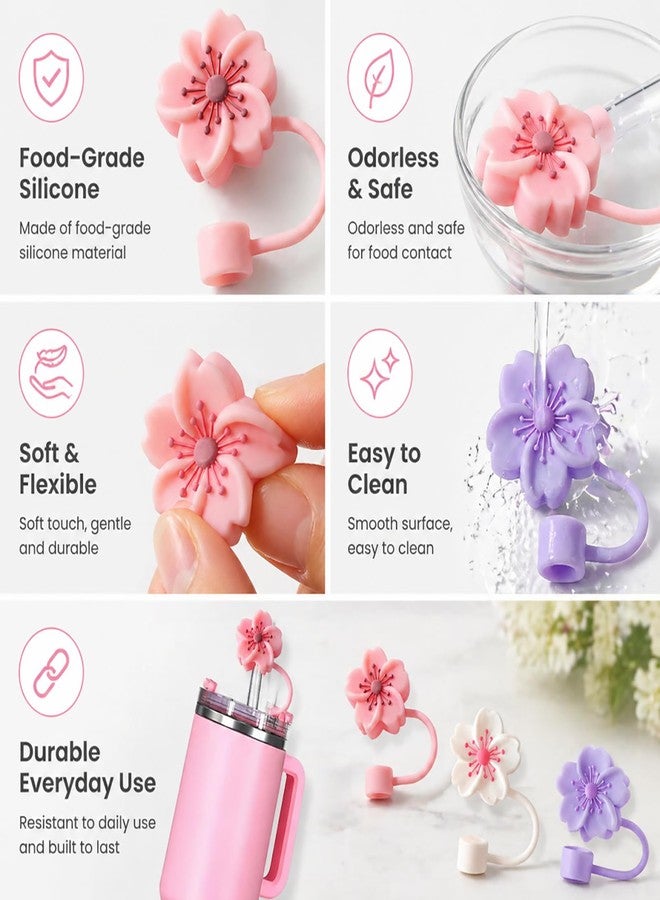 BTYHAOS Silicone Straw Caps for 10mm Tumblers | Reusable Dust-Proof Straw Toppers Compatible with Stanley 30oz & 40oz Tumblers (Purple Flower 3pc) - Image 3