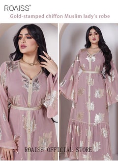 roaiss فساتين ماكسي نسائية فاخرة برقبة على شكل حرف V من الشيفون البرونزي مع بطانة، أنماط حصرية، عباية عصرية أنيقة في الشرق الأوسط، فستان حفلات الزفاف، ملابس المهرجانات النسائية، وردي  - Image 2