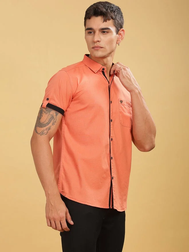 Kuons Avenue  KUONS AVENUE Men Orange Linen Blend Short Sleeve Shirt for Men | Best Price UAE