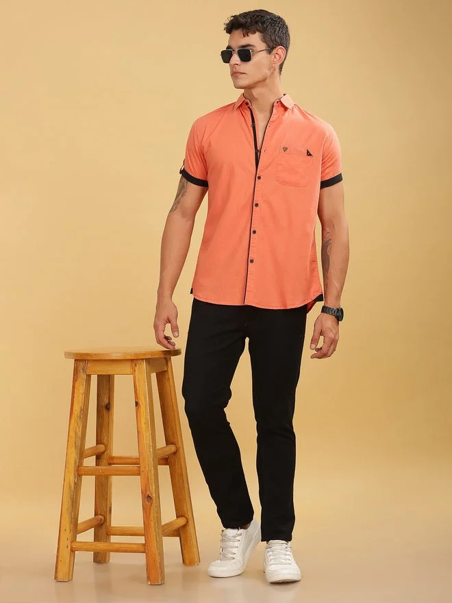 Kuons Avenue  KUONS AVENUE Men Orange Linen Blend Short Sleeve Shirt for Men | Best Price UAE