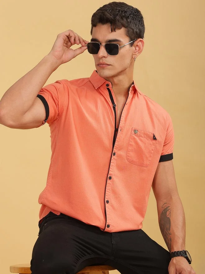 Kuons Avenue  KUONS AVENUE Men Orange Linen Blend Short Sleeve Shirt for Men | Best Price UAE