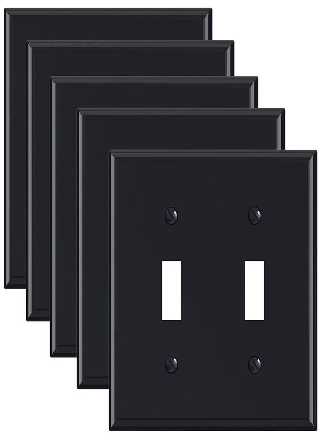 ELEGRP Glossy Black 2-Gang Toggle Switch Wall Plates, Double Mid-Size 4.88" H x 4.94" L Unbreakable Thermoplastic Faceplate Cover for Toggle Dimmer Light Switches, UL Listed (5 Pack) - Image 1