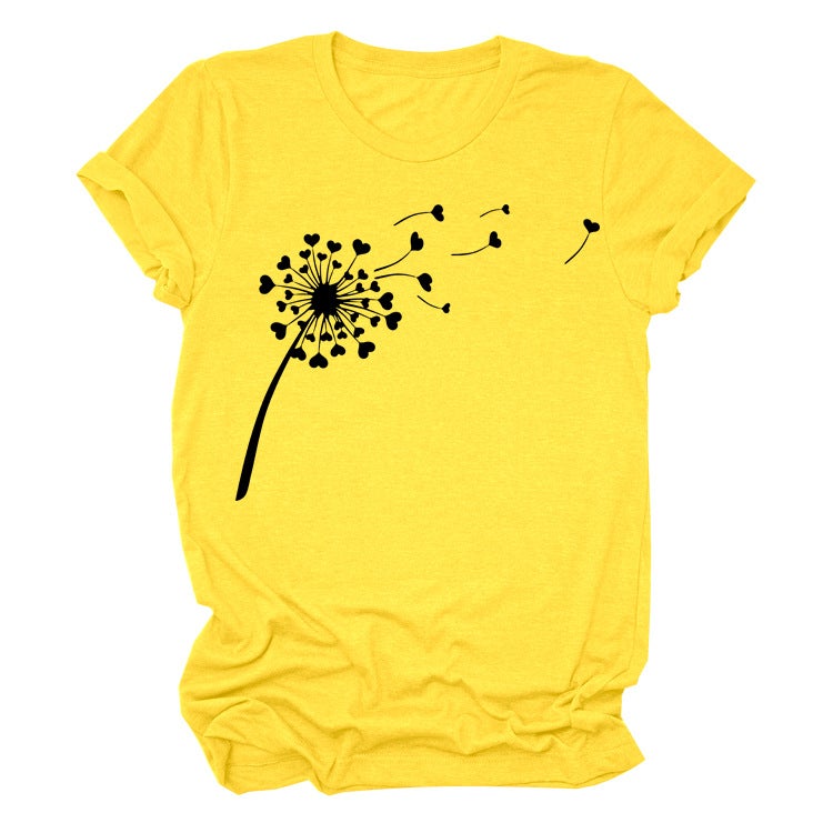 wish independent station foreign trade cross-border dandelion casual simple T-shirt round neck casual ladies short-sleeved shirt Yellow(black font) L - Image 1