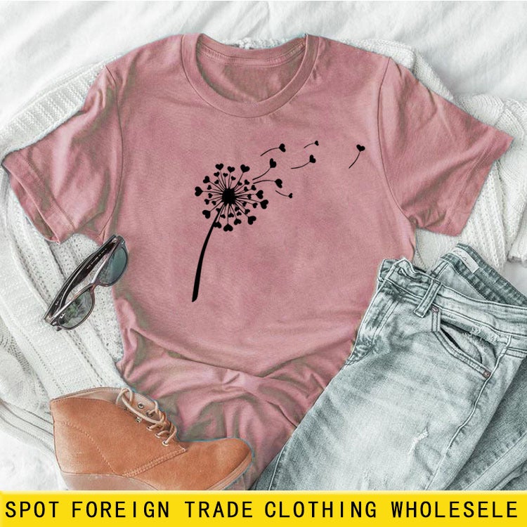 wish independent station foreign trade cross-border dandelion casual simple T-shirt round neck casual ladies short-sleeved shirt Yellow(black font) L - Image 2