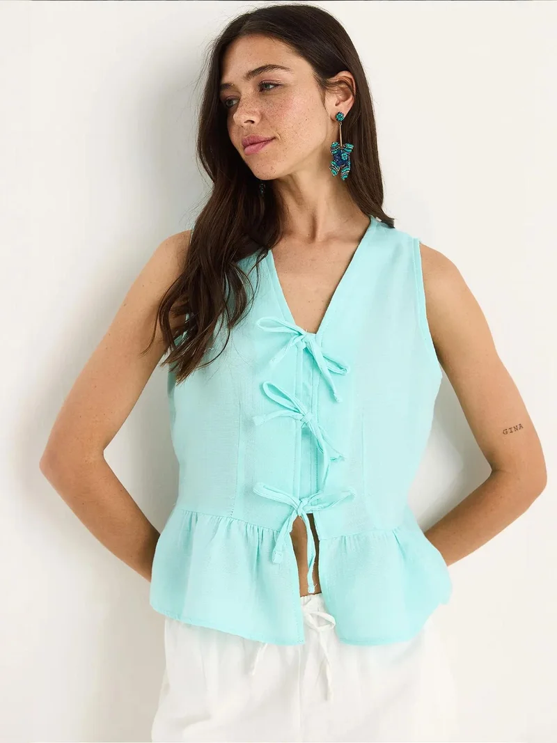 Bianco Lucci Mint Green LUCCI V-Neck Crepe Blouse with Bow Tie for Women | Best Price UAE