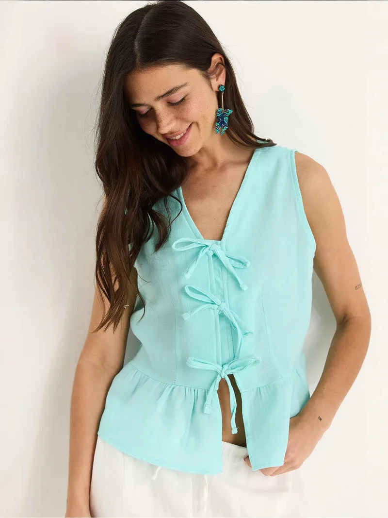 LUCCI V-Neck Crepe Blouse with Bow Tie
