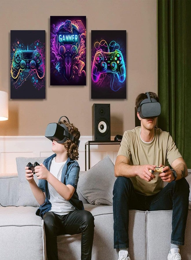 Riveda 3pcs Cool Gaming Wall Art Video Game Posters Prints Colorful Neon Gamepad Canvas Painting Pictures Wall Decor for Boys Room Kids Game Room Bedroom Home Decoration Unframed(12"x16"x3) - Image 3