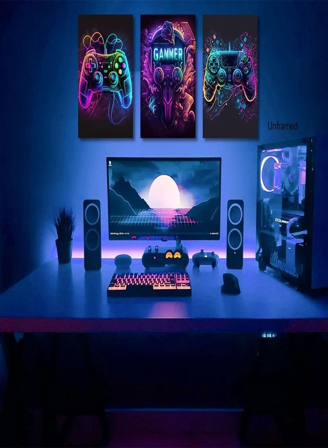 Riveda 3pcs Cool Gaming Wall Art Video Game Posters Prints Colorful Neon Gamepad Canvas Painting Pictures Wall Decor for Boys Room Kids Game Room Bedroom Home Decoration Unframed(12"x16"x3) - Image 2