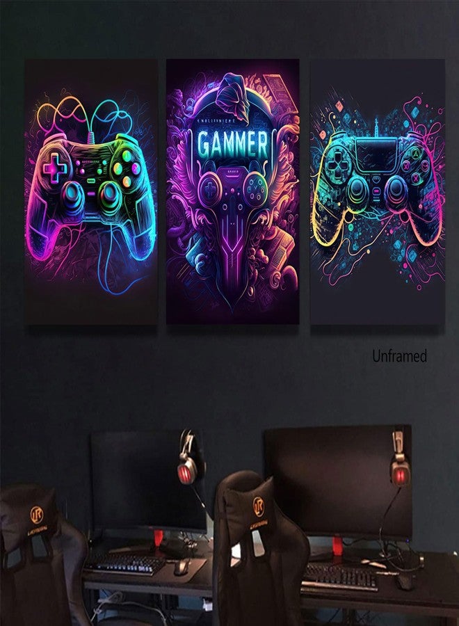 Riveda 3pcs Cool Gaming Wall Art Video Game Posters Prints Colorful Neon Gamepad Canvas Painting Pictures Wall Decor for Boys Room Kids Game Room Bedroom Home Decoration Unframed(12"x16"x3) - Image 4