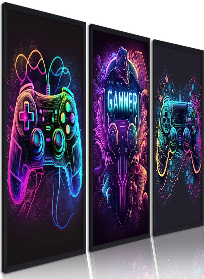 Riveda 3pcs Cool Gaming Wall Art Video Game Posters Prints Colorful Neon Gamepad Canvas Painting Pictures Wall Decor for Boys Room Kids Game Room Bedroom Home Decoration Unframed(12"x16"x3) - Image 1