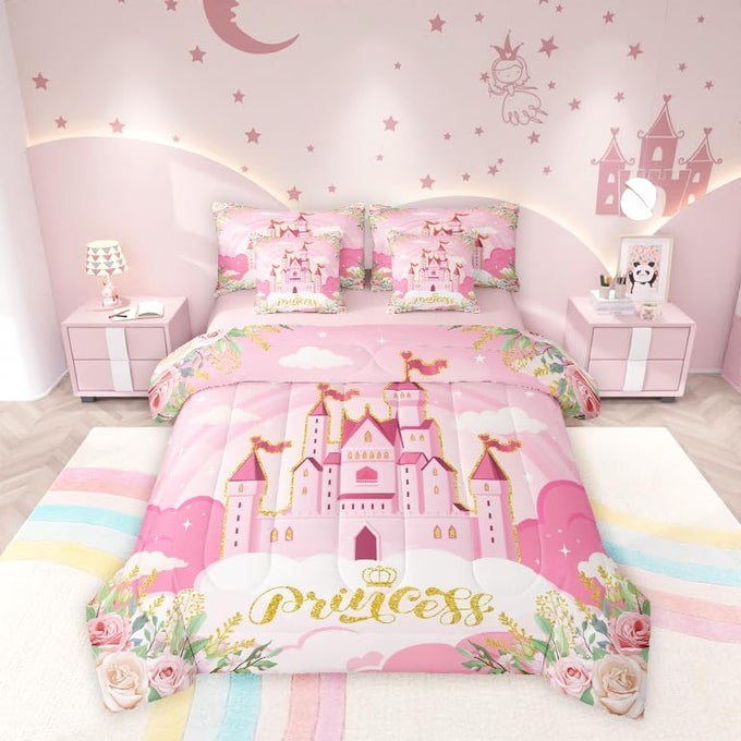 GIRLS PRINCESS COMFORTER SET 7 PIECES REVERSIBLECARTOON CASTLE PINK BED SETDREAMY FAIRY TALE BEDDING SOFT MICROFIBER TWIN 1 COMFORTER2 PILLOWCASE2 PILLOW COVERS1 FLAT SHEET1 FITTED SHEET