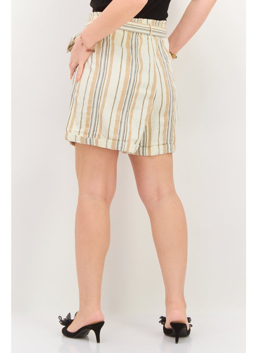 LUCKY BRAND - Women Belted Stripe Basic Short, Beige - Image 1