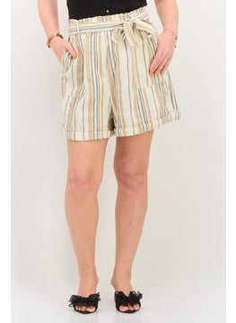 Women Belted Stripe Basic Short, Beige
