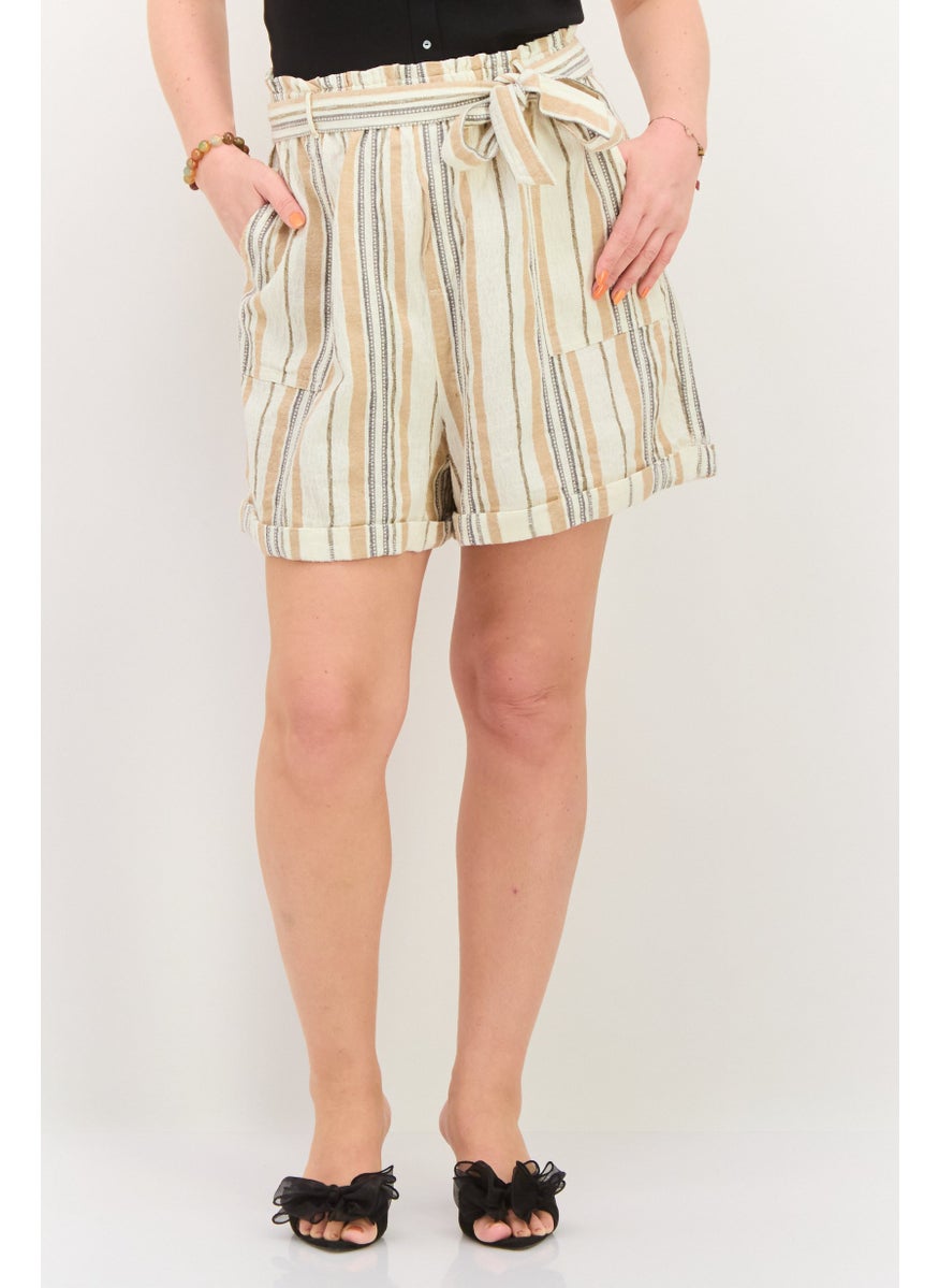 LUCKY BRAND - Women Belted Stripe Basic Short, Beige - Image 1