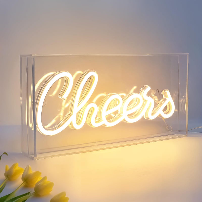 HOSITARK Cheers Neon Sign, USB LED Desk Lightbox Cheers Sign with ON/OFF Switch, 3D Neon Light up Sign for Table Decor, Wall Decor, Bar, Pub, Bachelorette Party (Warm White) - Image 1