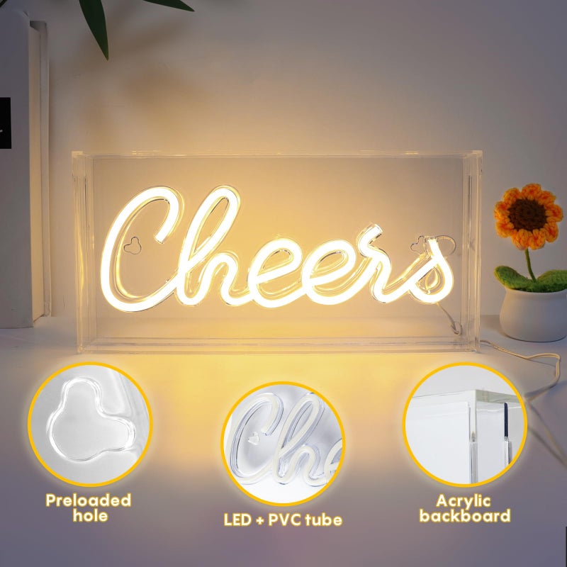 HOSITARK Cheers Neon Sign, USB LED Desk Lightbox Cheers Sign with ON/OFF Switch, 3D Neon Light up Sign for Table Decor, Wall Decor, Bar, Pub, Bachelorette Party (Warm White) - Image 2
