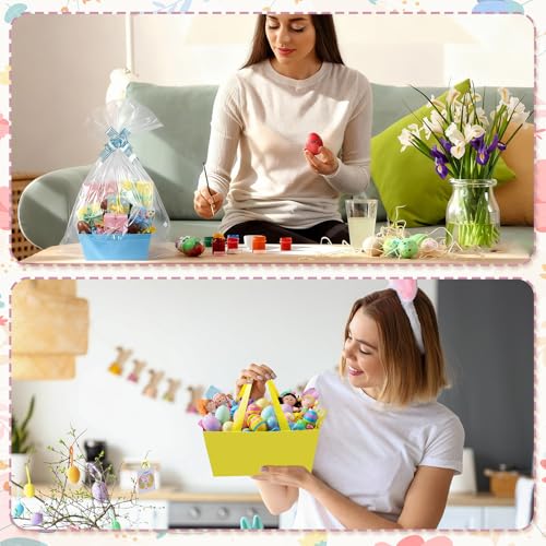 Funnymoom 24 Pcs Pastel Basket for Gifts Empty Easter Pastel Plaid Gift Basket Empty to Fill with Handle, Transparent Bag and Bow for Spring Summer Wedding Birthday Tea Party Favor Supply, 9.8x6.5'' - Image 2