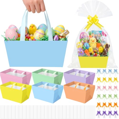 Funnymoom 24 Pcs Pastel Basket for Gifts Empty Easter Pastel Plaid Gift Basket Empty to Fill with Handle, Transparent Bag and Bow for Spring Summer Wedding Birthday Tea Party Favor Supply, 9.8x6.5'' - Image 1