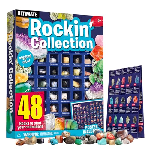 XX Rocks Collection 48 PCS Rock and Mineral Education Set Gemstones for Kids Geology Gem Kit with Tigers Eye Rose Quartz Red Jasper and More Identification Guide STEM Science Education - Image 1