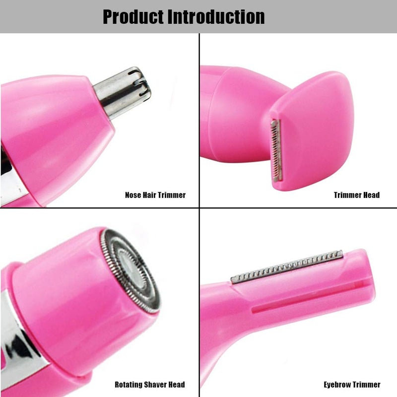 cheekyglo 4 IN 1 Hair Removal Grooming Trimmer Clipper Epilator Kit for Eyebow Nose Bikini Armpit Leg, Mini USB Electric Shaving Cutter Set with 4 Replace Heads(Rose) - Image 4
