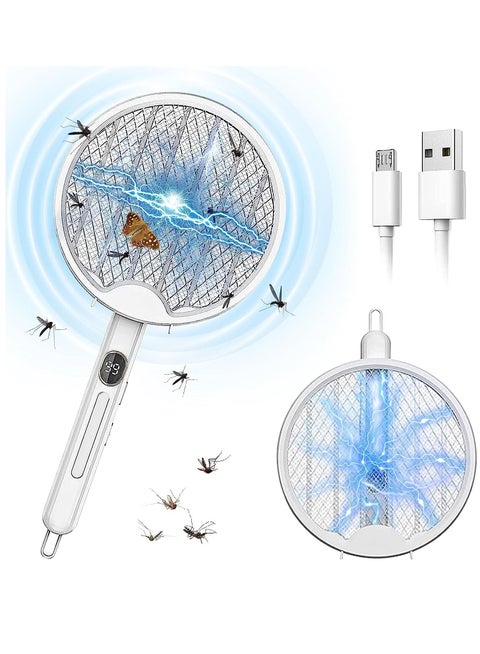 4 in 1 Electric Fly Swatter with Power Display, Foldable & Hangable,Automatic Fly Swatter with Powerful Mosquitoes Trap Lamp, for Travel & in Home