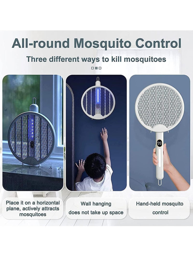 4 in 1 Electric Fly Swatter with Power Display, Foldable & Hangable,Automatic Fly Swatter with Powerful Mosquitoes Trap Lamp, for Travel & in Home