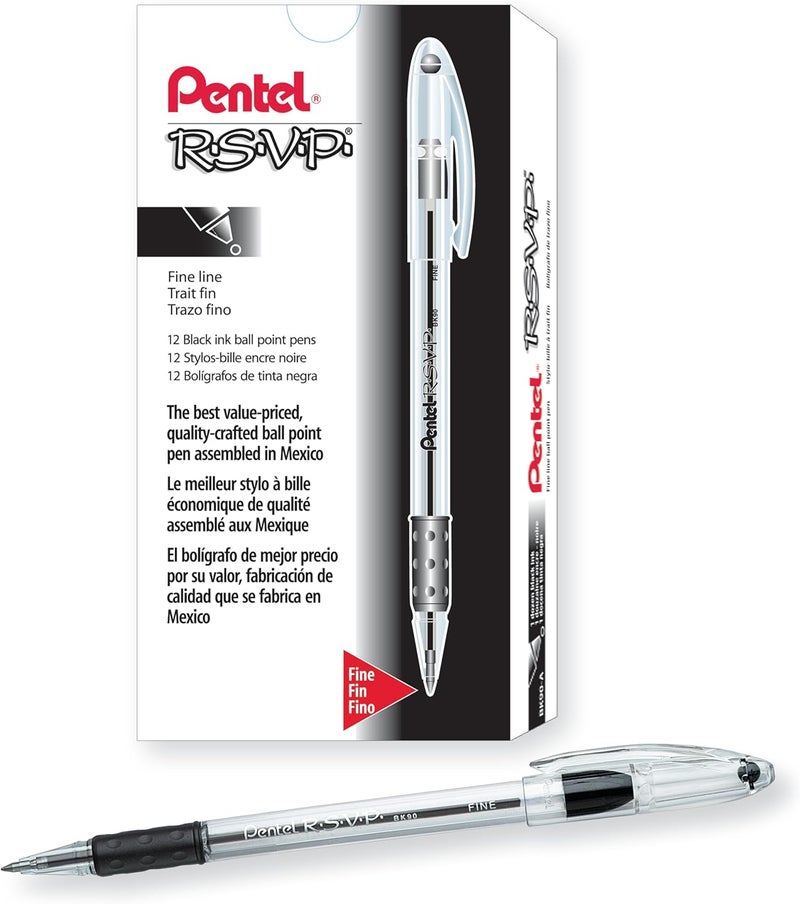 Pentel RSVP Ballpoint Pen, Fine Line, (0.7mm), Black Ink (BK90-A) (Pack of 1, 12 Count Total) - Image 1