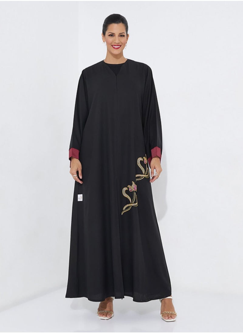 Rosette Abaya - Abaya Embroidery With Wide Sleeves - Image 1