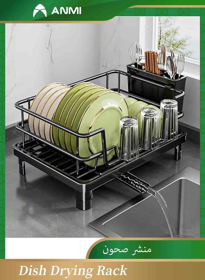 أنمي رفوف أطباق لطاولة المطبخ، رف أطباق مع لوح تصريف وفوهة دوارة، رف تجفيف المطبخ من الفولاذ الكربوني (أسود) - Image 1