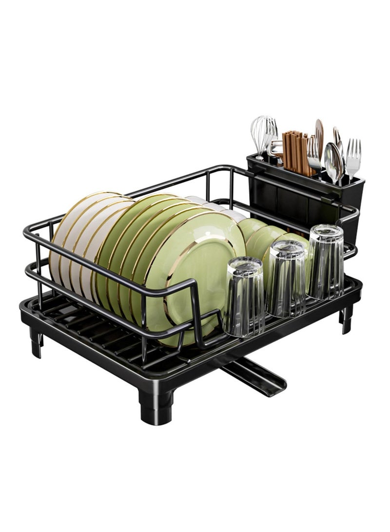 أنمي رفوف أطباق لطاولة المطبخ، رف أطباق مع لوح تصريف وفوهة دوارة، رف تجفيف المطبخ من الفولاذ الكربوني (أسود) - Image 2