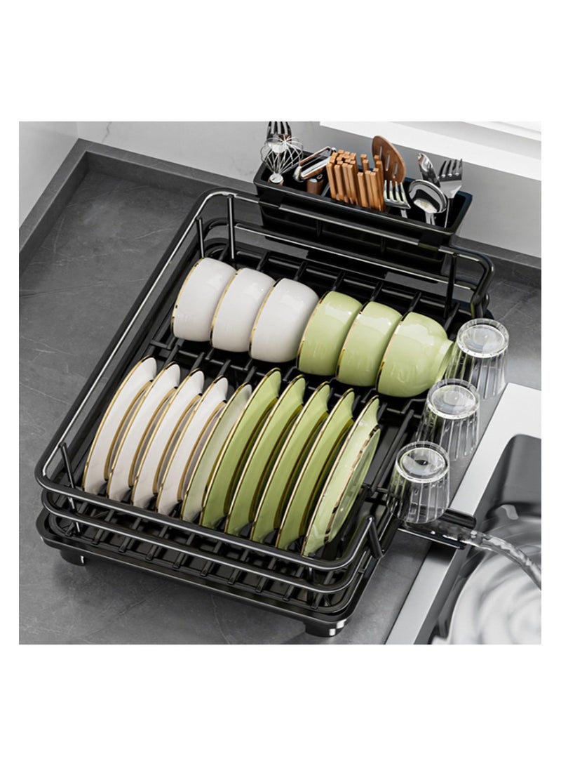 أنمي رفوف أطباق لطاولة المطبخ، رف أطباق مع لوح تصريف وفوهة دوارة، رف تجفيف المطبخ من الفولاذ الكربوني (أسود) - Image 3