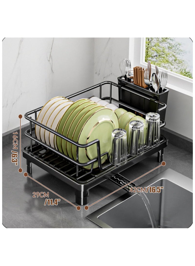 أنمي رفوف أطباق لطاولة المطبخ، رف أطباق مع لوح تصريف وفوهة دوارة، رف تجفيف المطبخ من الفولاذ الكربوني (أسود) - Image 4