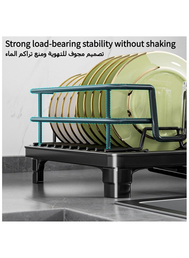أنمي رفوف أطباق لطاولة المطبخ، رف أطباق مع لوح تصريف وفوهة دوارة، رف تجفيف المطبخ من الفولاذ الكربوني (أسود) - Image 5