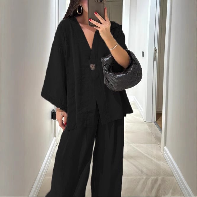 Women's Fashion Casual Tracksuit Set with V-Neck Top and Wide-Leg Pants - Image 2