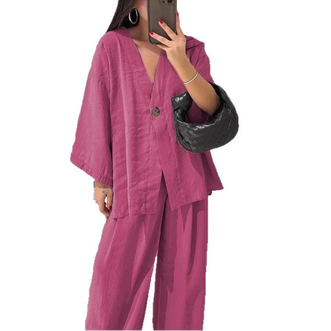 Women's Fashion Casual Tracksuit Set with V-Neck Top and Wide-Leg Pants - Image 5