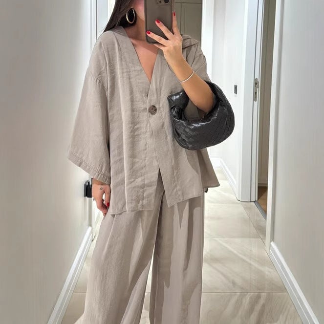 Women's Fashion Casual Tracksuit Set with V-Neck Top and Wide-Leg Pants - Image 4