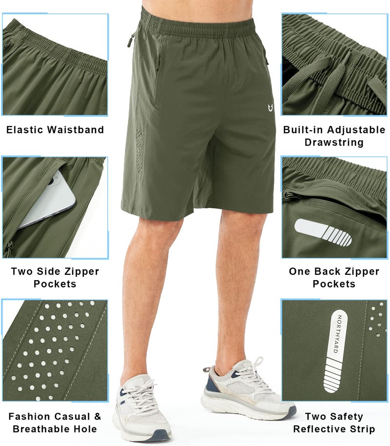 NORTHYARD Men's Athletic Running Shorts Gym Workout Shorts 7"/ 9"/ 5" Quick Dry Lightweight Sports Basketball Exercise Tennis Exercise ARMYGREEN-9inch L - Image 3