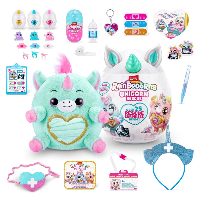 Rainbocorns Rainbocorns Unicorn Rescue Surprise (Blue) by ZURU, Collectible Plush Stuffed Animal, Egg Toys, X-Ray Sticker Pack, Magical Slime, Headband, Ages 3+ for Girls, Children (Disco The Unicorn Plush)  - Image 1