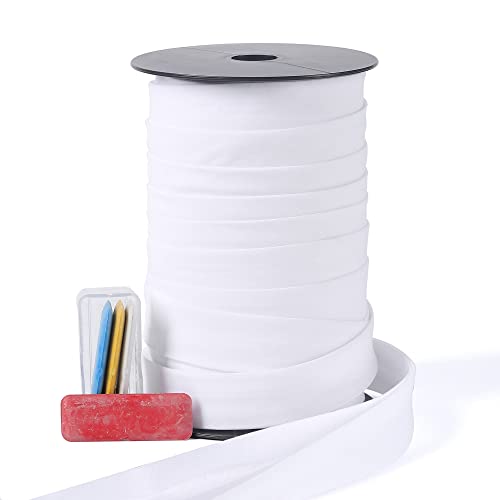 A ANYSSI Bias Tape Double Fold 1 inch, Double Fold Bias Binding Tape 55 Yards (White) and 4 Pieces Sewing Fabric Chalks for Crafts, Sewing, Seaming, Hemming, Piping, Quilting. - Image 1