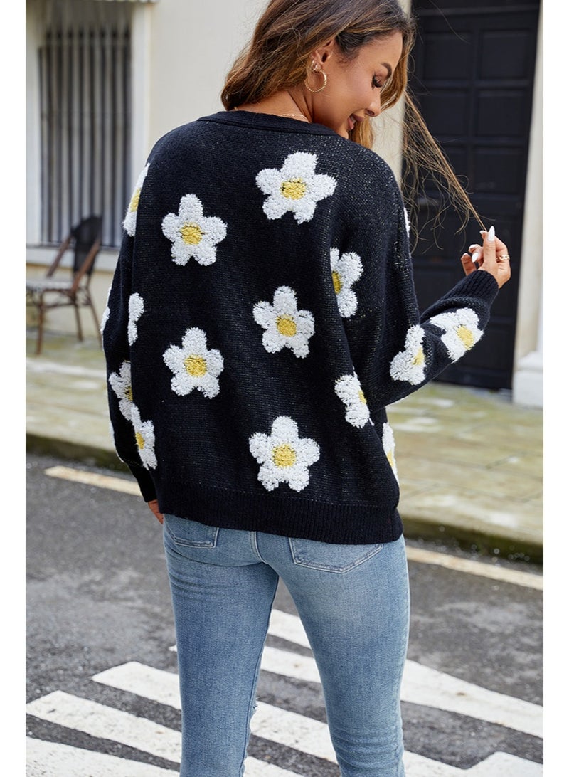 NIBEMINENT Autumn Winter V-Neck Cardigan Female Sweater Women Casual Flowers Embroidery Sweaters Coat Classic Knitting Long Sleeve Tops - Image 2