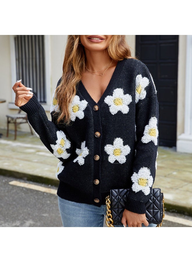 NIBEMINENT Autumn Winter V-Neck Cardigan Female Sweater Women Casual Flowers Embroidery Sweaters Coat Classic Knitting Long Sleeve Tops - Image 1