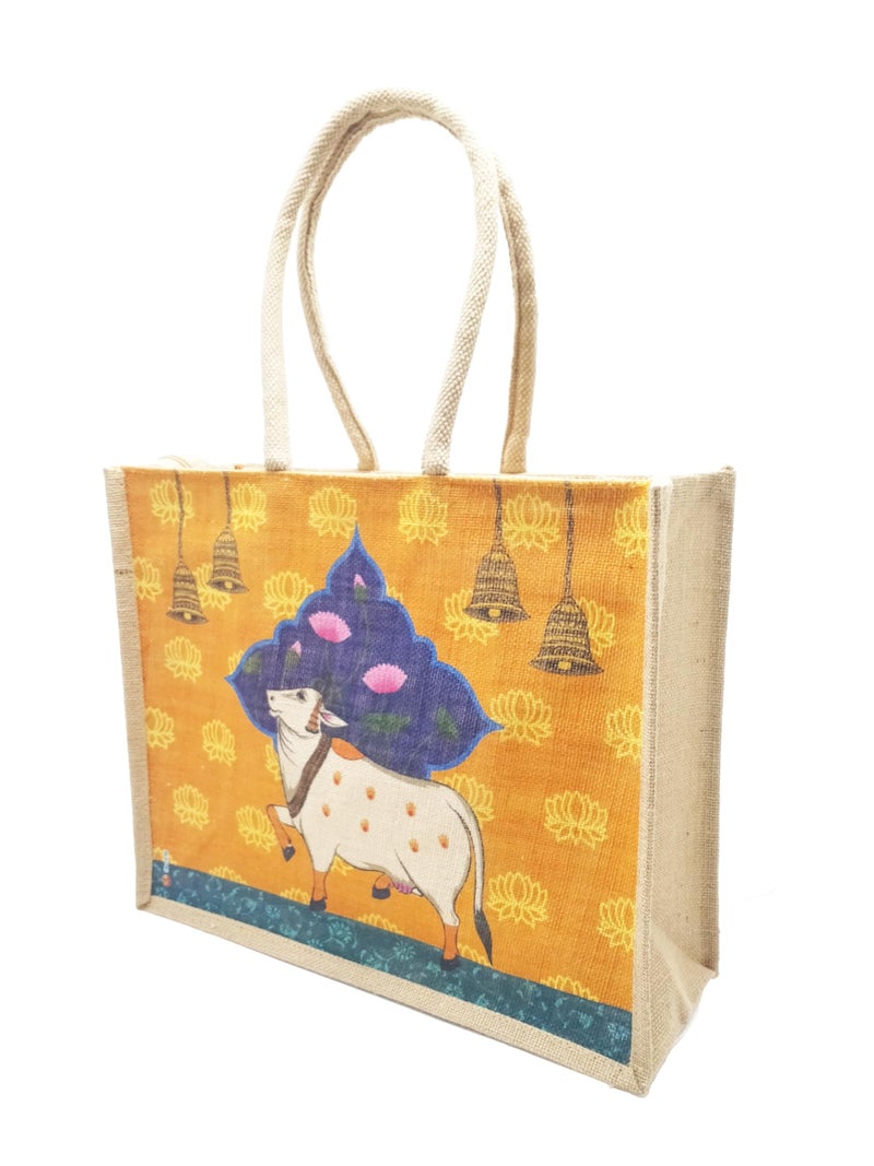 Sangra Multicolor Jute bag for Women and Men Lunch Bag with Zip and Handle (Floral) (Cow) - Image 4